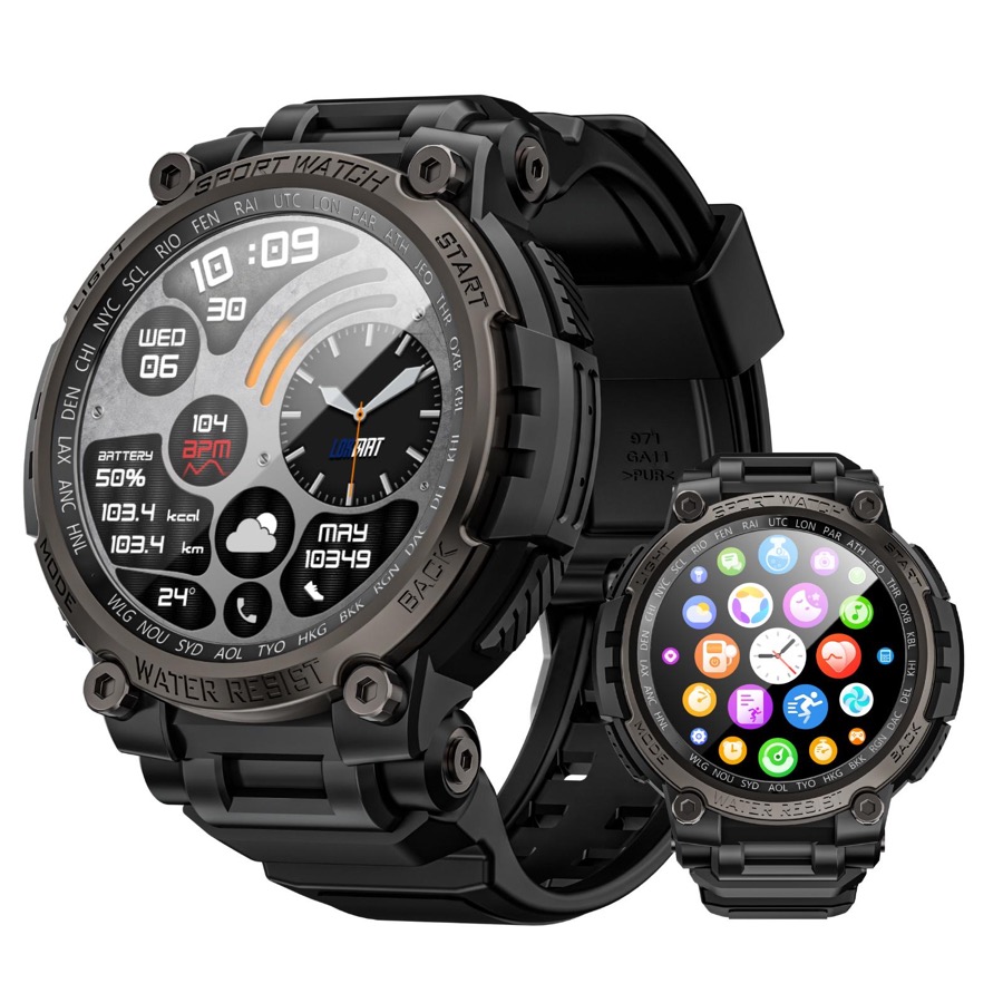Men's military-style smartwatch, featuring barometric pressure/altitude/compass functions, compatible with Android and Apple systems, IP68 waterproof fitness tracker, with over 100 exercise modes