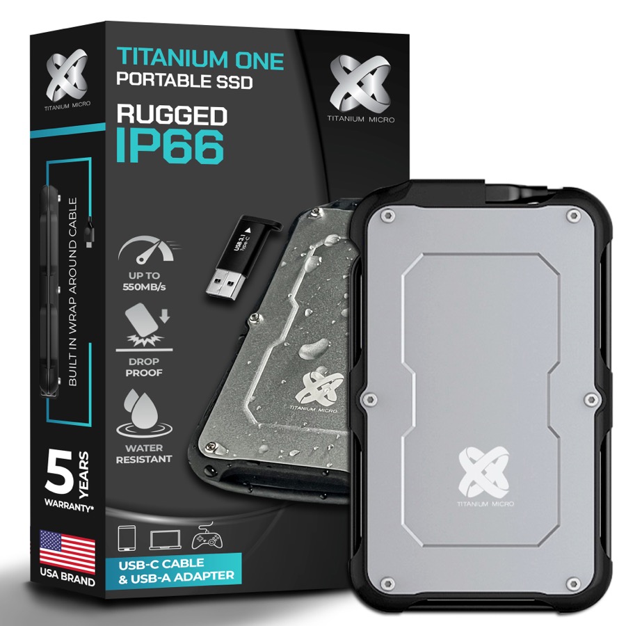 Titanium Micro 1TB External SSD, Titanium One Up to 500MB/s, Wrap-around USB-C 3.2 Gen 2, Rugged IP66 Water&Drop Resistance, Portable Solid State Drive for Window PC, Mac, PS4, PS5, Xbox